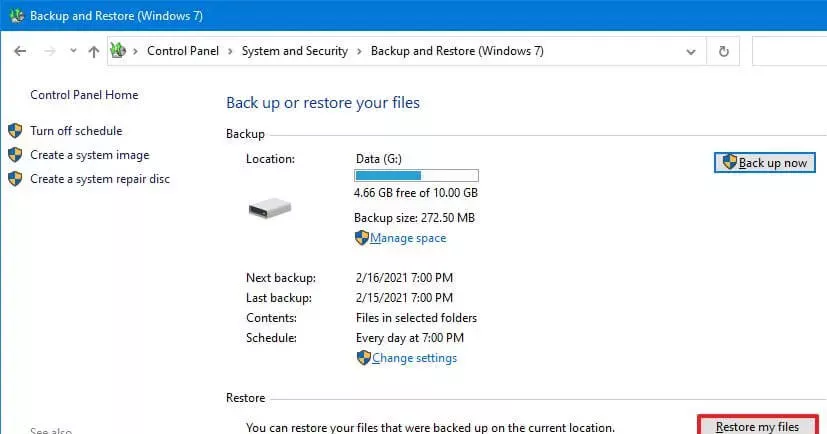 روی گزینه Restore my files backup کلیک نمایید.